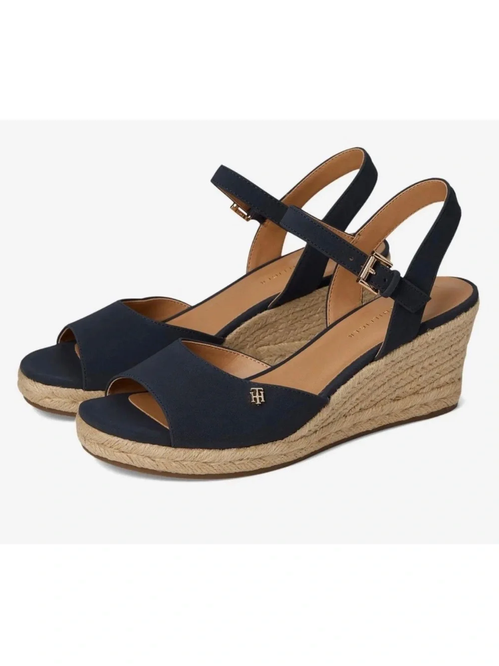 Tommy Hilfiger Navy Espadrille Wedge Sandals with Gold Logo